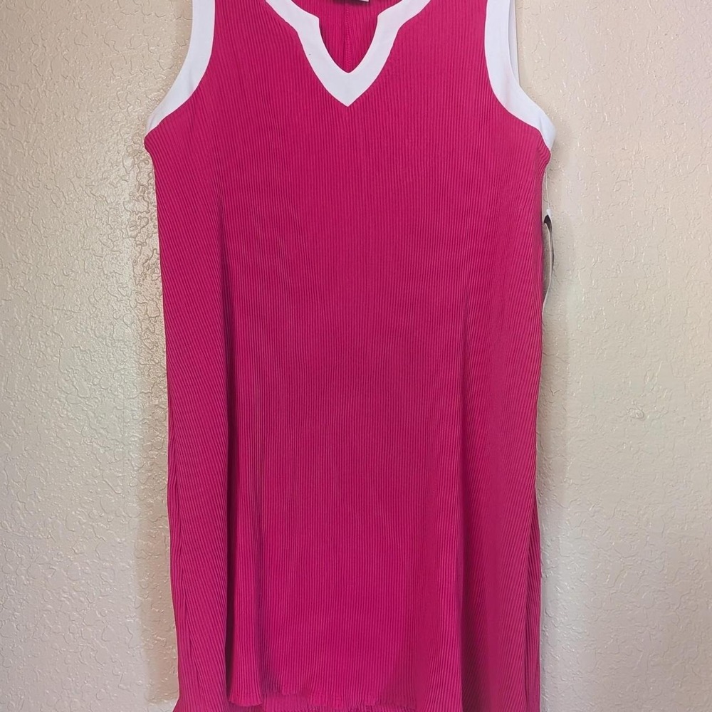 Nina Leonard Hot Pink Ribbed Knit Tank Tunic Dress White Trim L L3520CF NEW